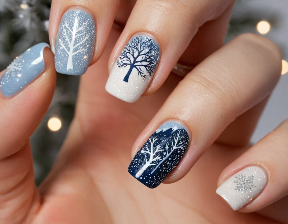 A person with a blue and white manicure with a tree on it